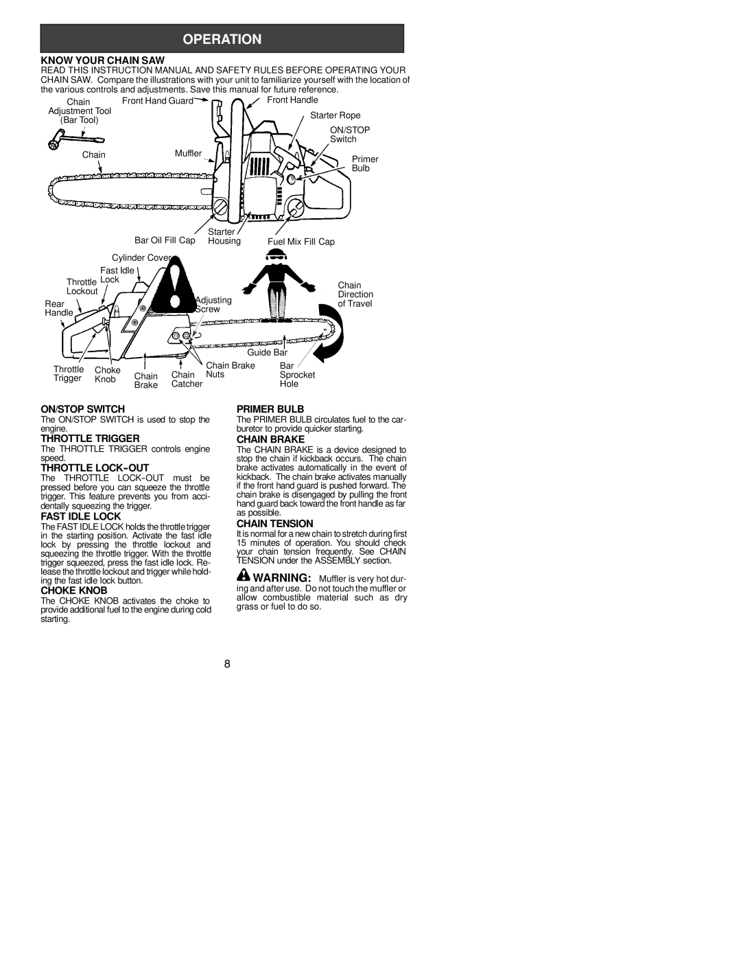 Poulan S1634 LE, S1838 LE Know Your Chain SAW, ON/STOP Switch, Throttle Trigger, Throttle LOCK--OUT, Fast Idle Lock 