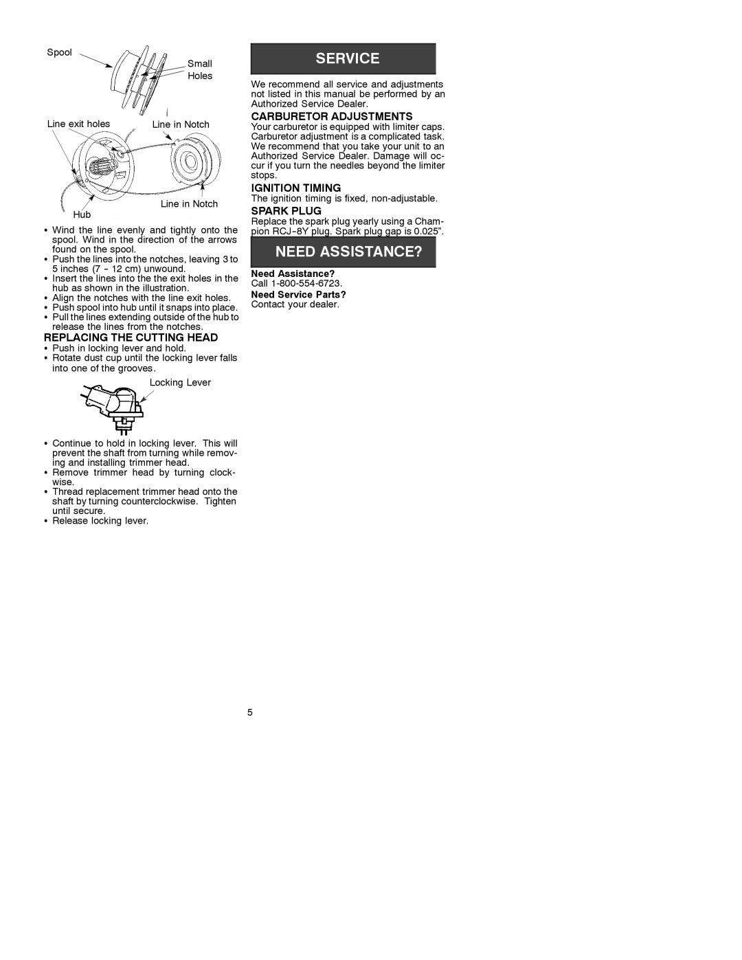 Poulan S17DE manual Replacing the Cutting Head, Carburetor Adjustments, Ignition Timing, Spark Plug 