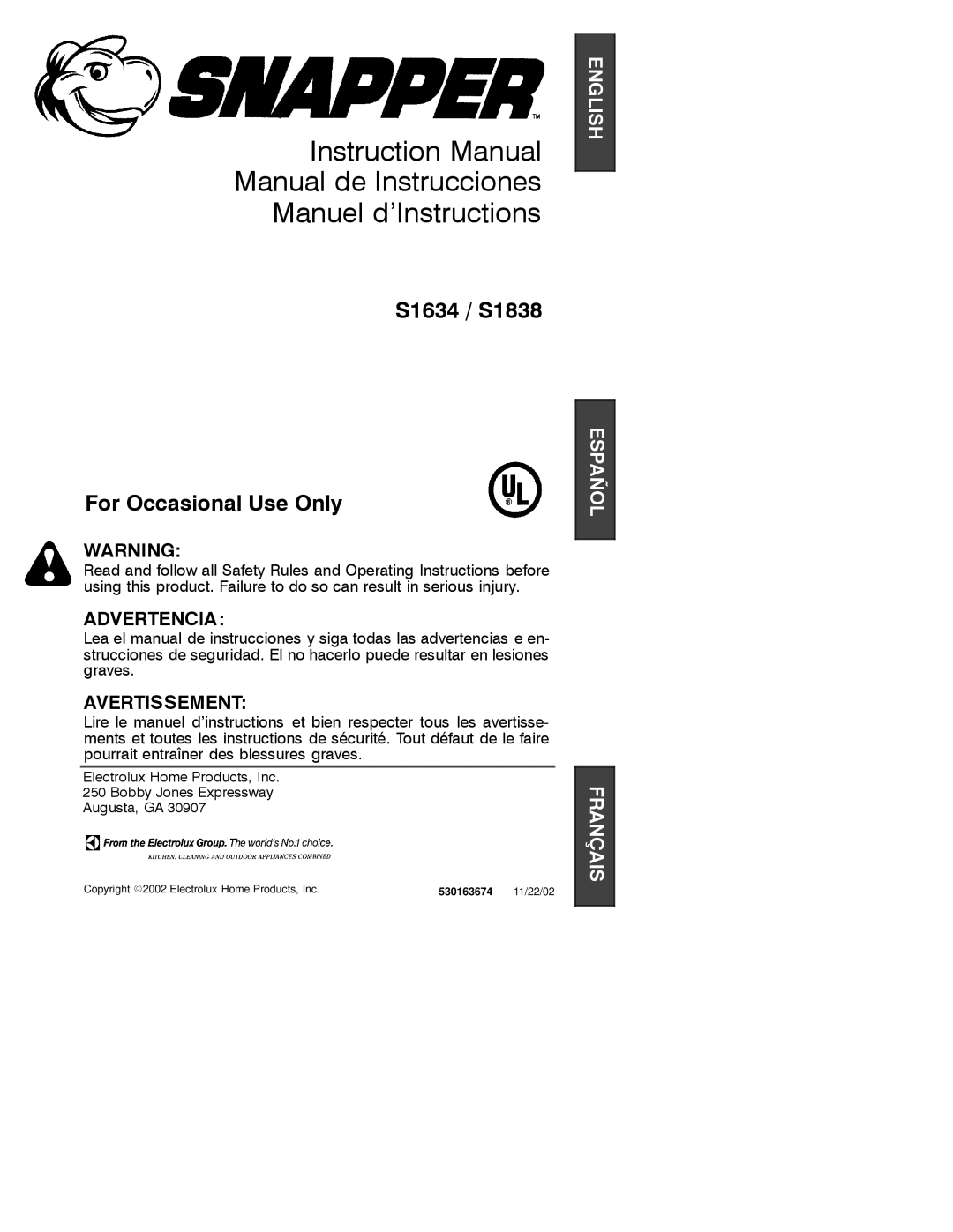 Poulan S1634, S1838 instruction manual Manual de Instrucciones Manuel d’Instructions 