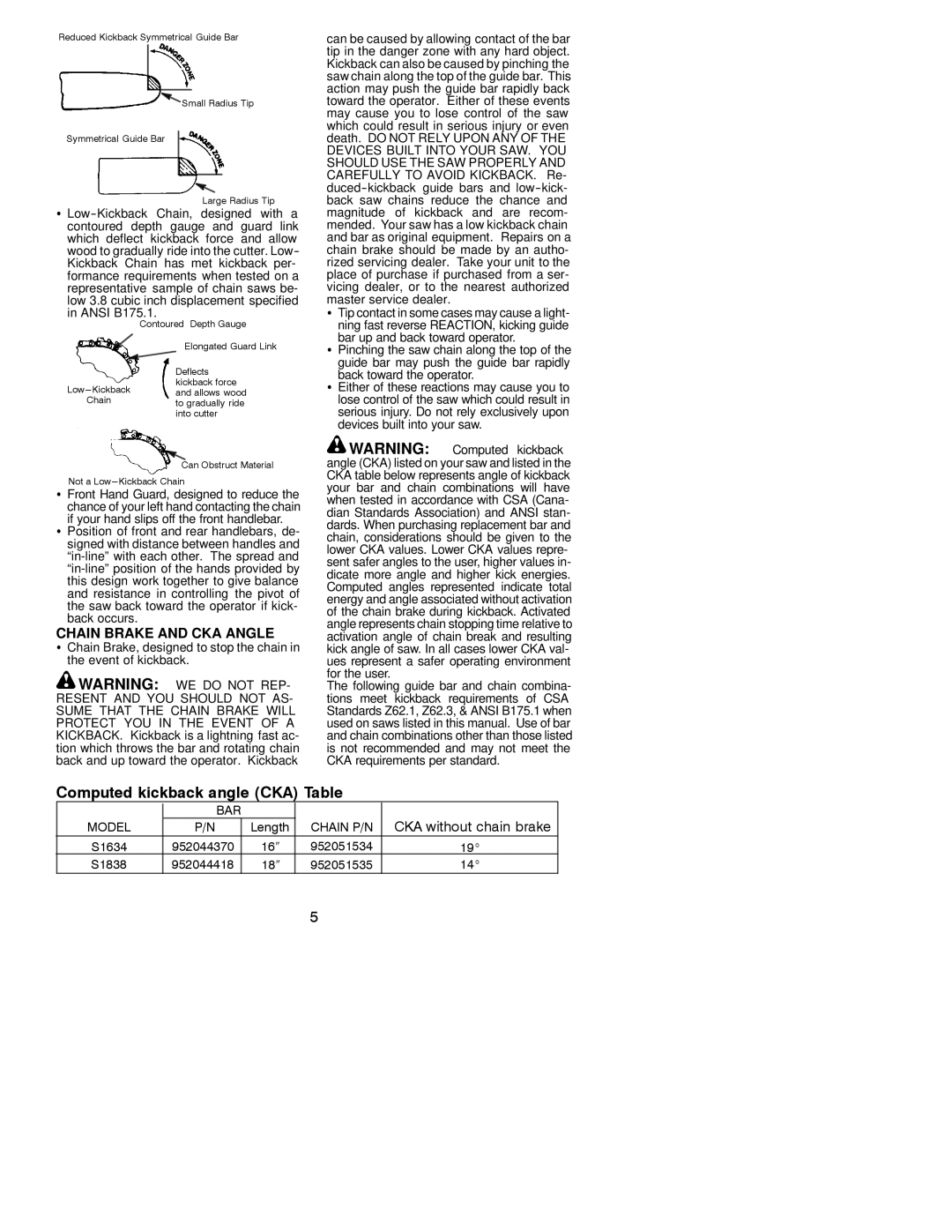 Poulan S1634, S1838 instruction manual Chain Brake and CKA Angle, Bar, Model, Chain P/N 