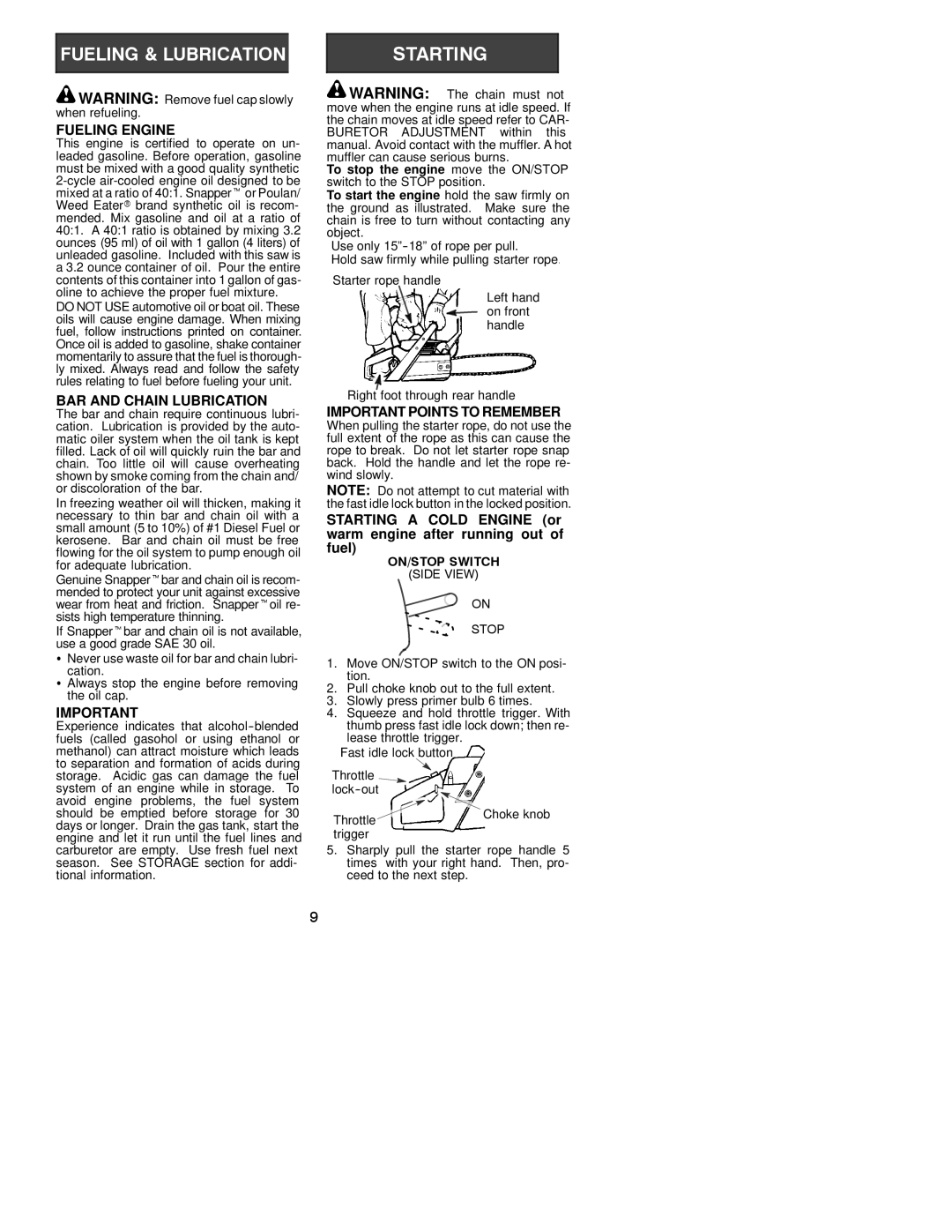 Poulan S1634 Fueling Engine, BAR and Chain Lubrication, Important Points to Remember, ON/STOP Switch, Side View Stop 