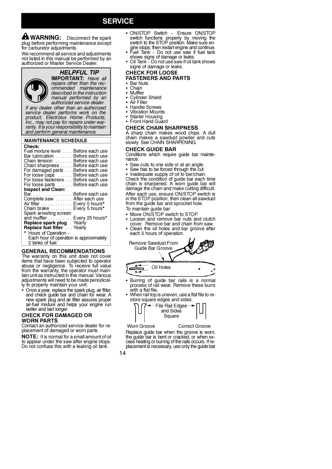 Poulan S1970 instruction manual Service 