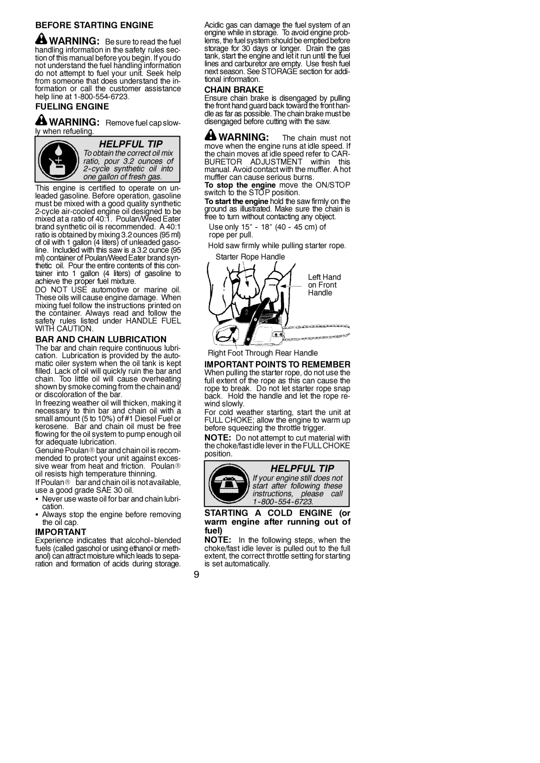 Poulan S1970 Before Starting Engine Fueling Engine, BAR and Chain Lubrication, Important Points to Remember 