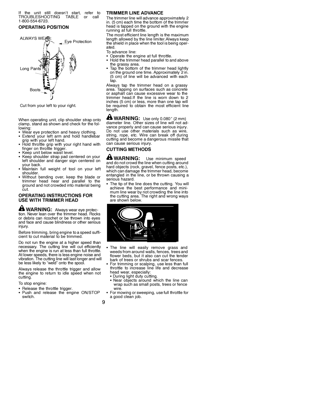 Poulan S31BC Operating Position Trimmer Line Advance, Operating Instructions for USE with Trimmer Head, Cutting Methods 