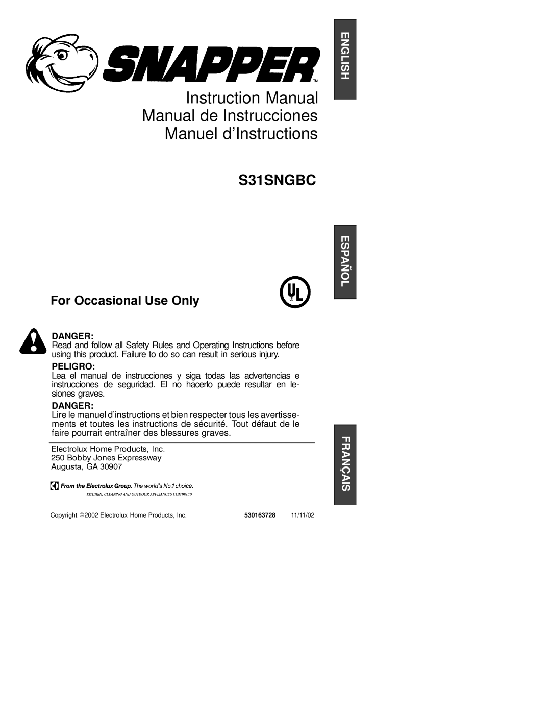 Poulan S31SNGBC instruction manual Manual de Instrucciones Manuel d’Instructions 