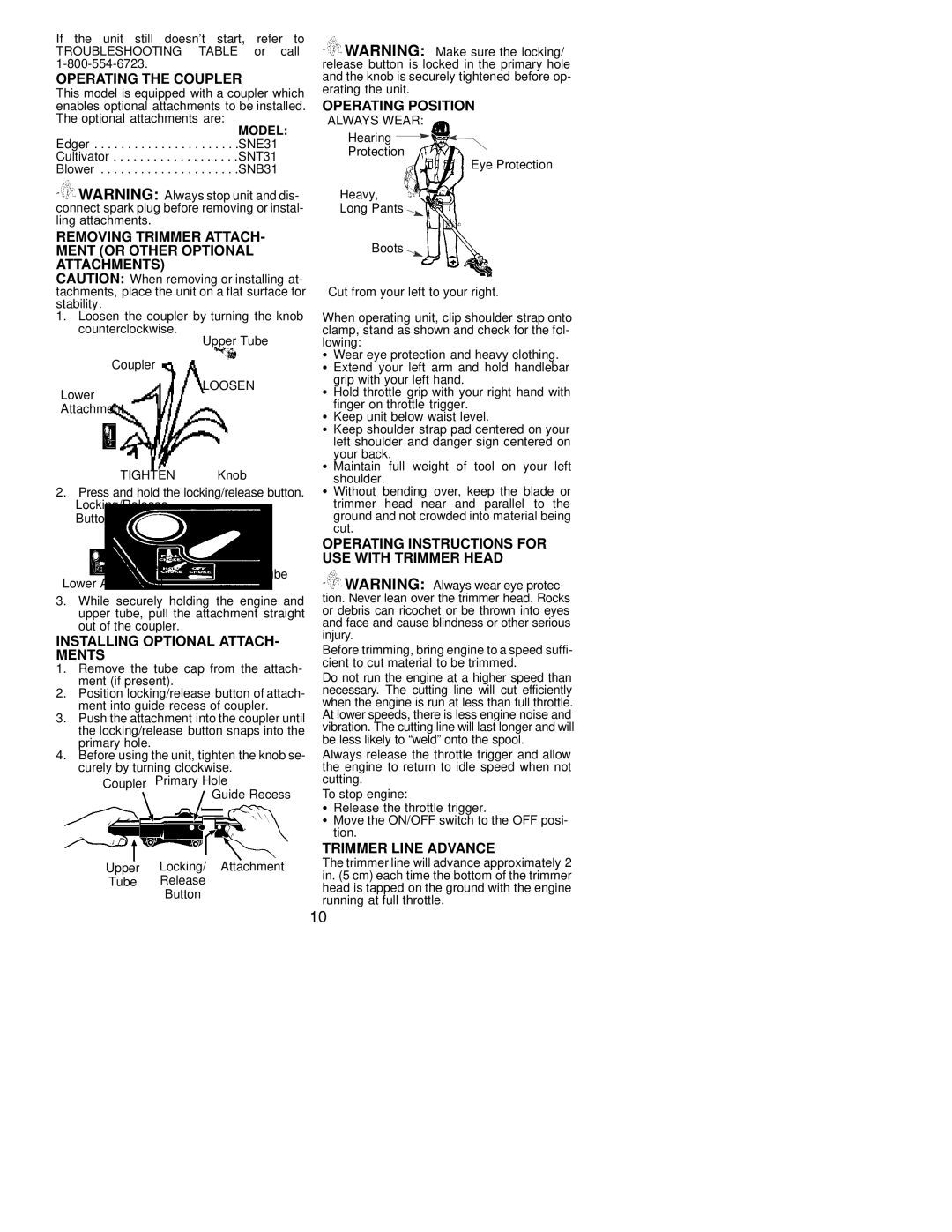 Poulan S31SNGBC Operating the Coupler, Removing Trimmer ATTACH- Ment or Other Optional Attachments, Operating Position 