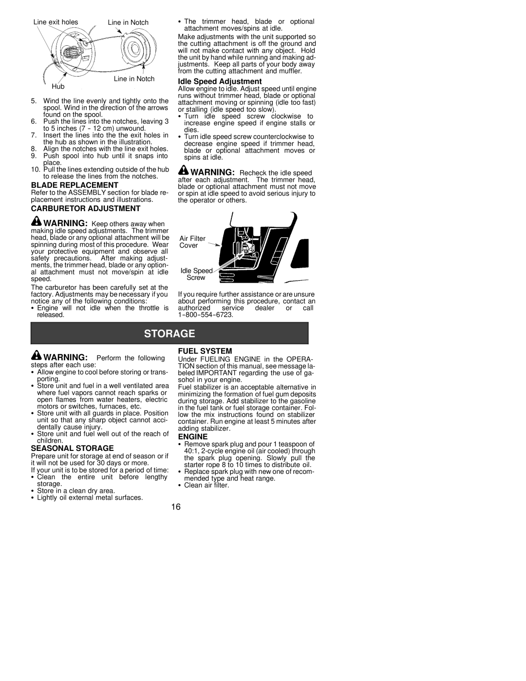 Poulan S31SNGBC instruction manual Blade Replacement, Carburetor Adjustment, Seasonal Storage, Fuel System, Engine 