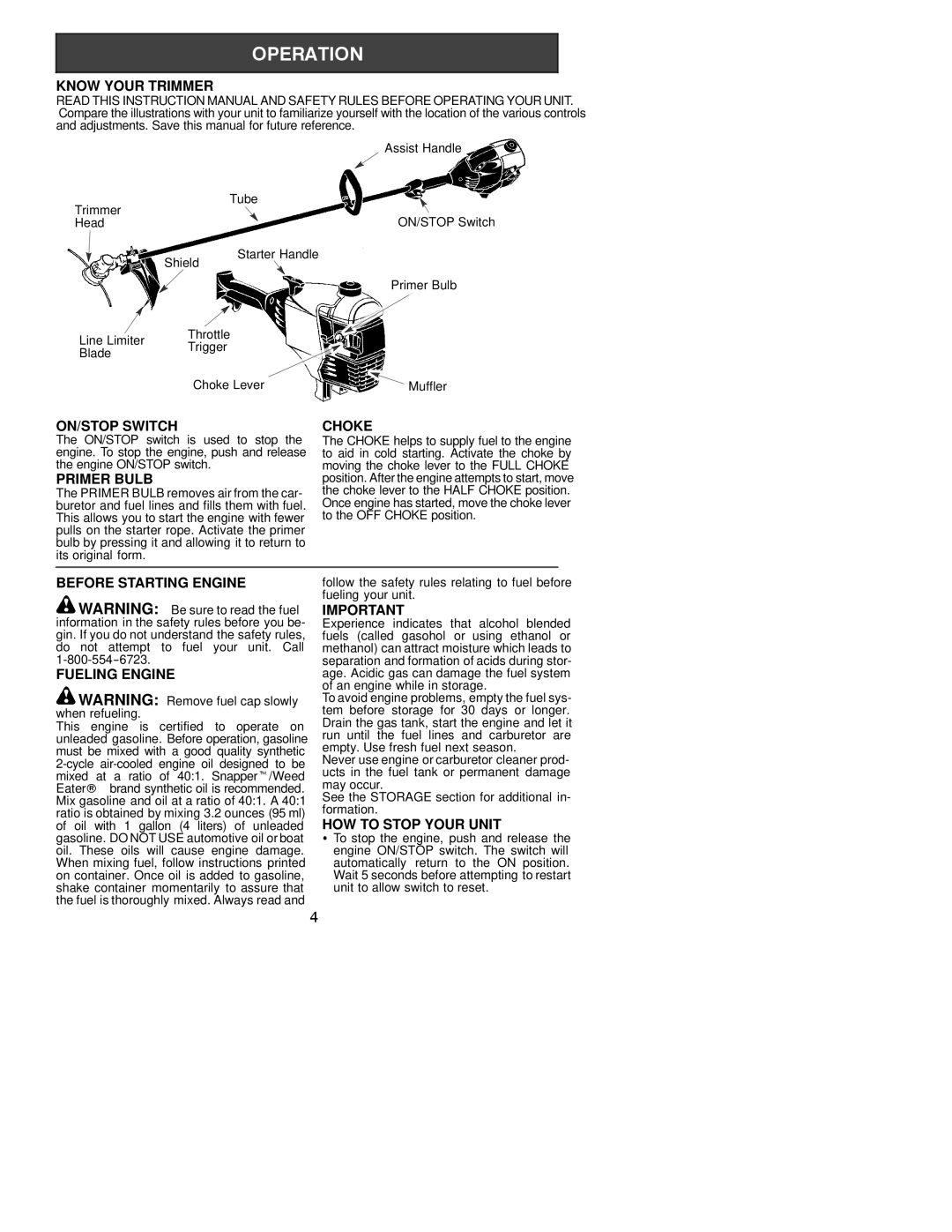 Poulan S31SST Know Your Trimmer, ON/STOP Switch, Primer Bulb, Choke, Before Starting Engine Fueling Engine 