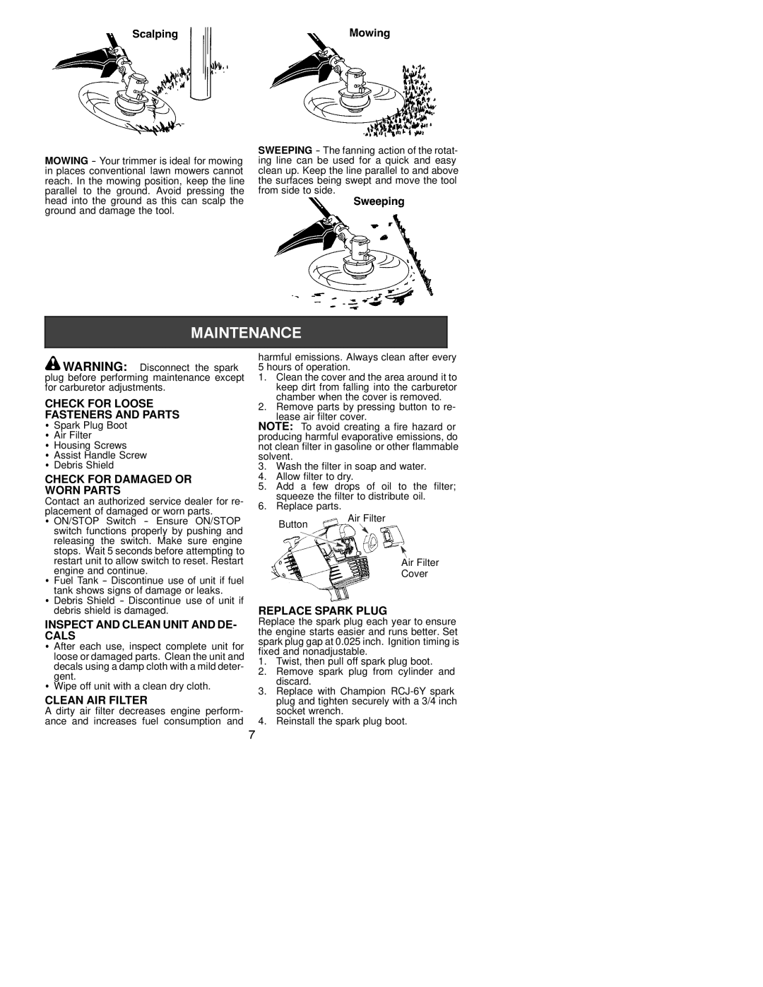 Poulan S31SST Check for Loose Fasteners and Parts, Check for Damaged or Worn Parts, Inspect and Clean Unit and DE- Cals 