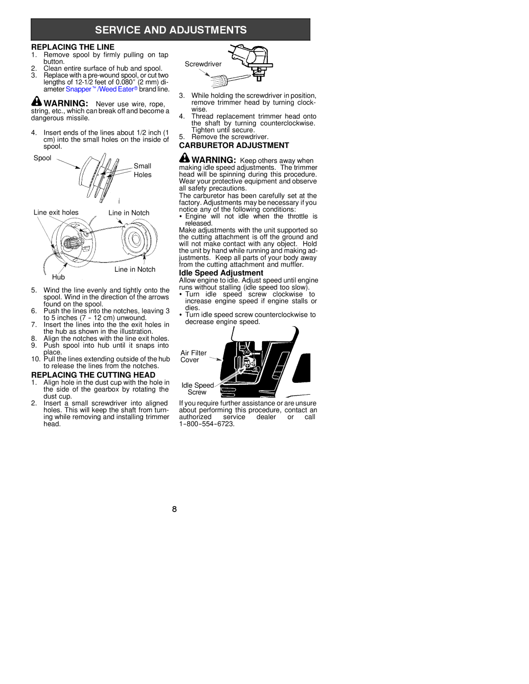 Poulan S31SST instruction manual Replacing the Line, Replacing the Cutting Head, Carburetor Adjustment 