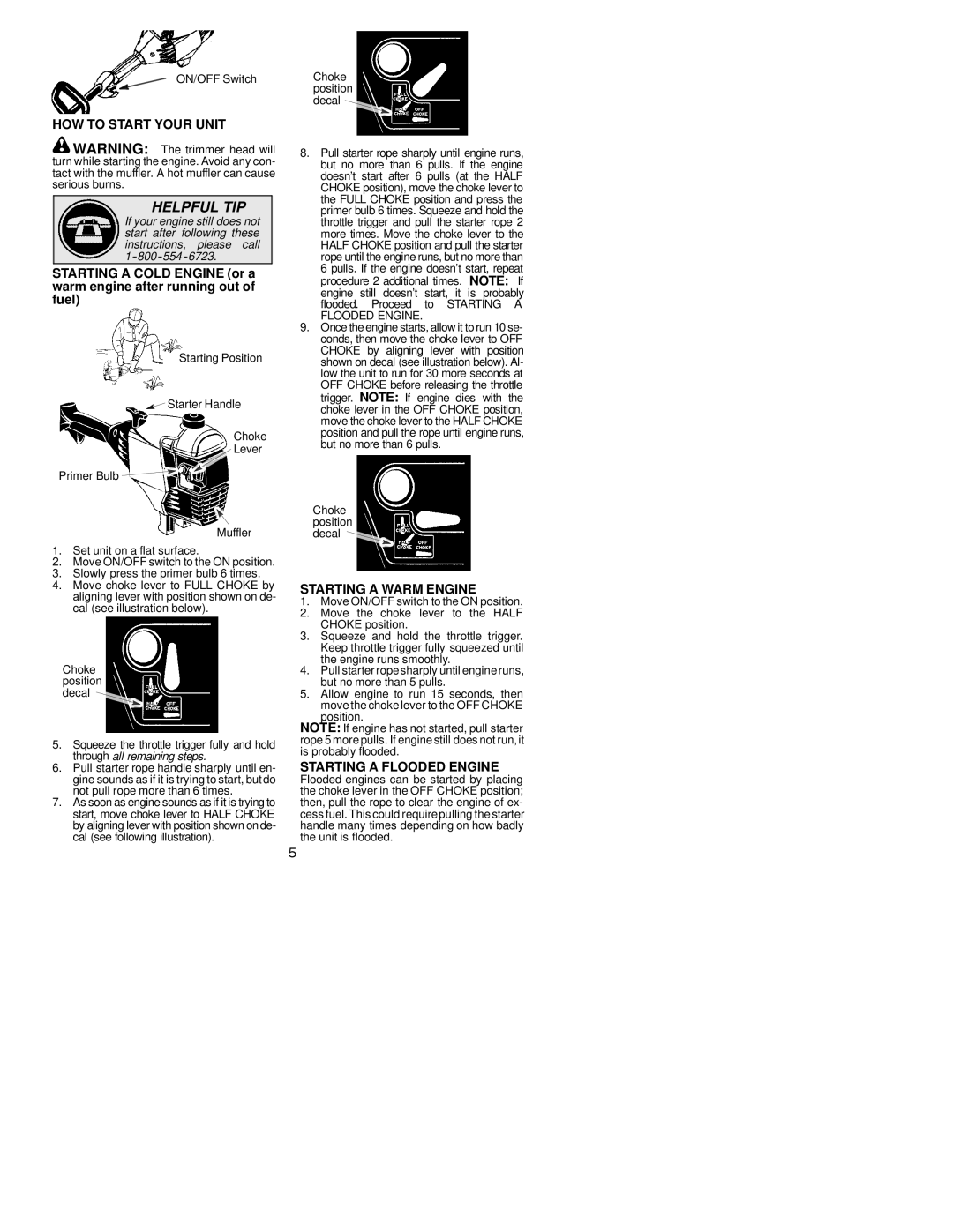 Poulan SM132 HOW to Start Your Unit, Starting a Warm Engine, Starting a Flooded Engine, Muffler Set unit on a flat surface 