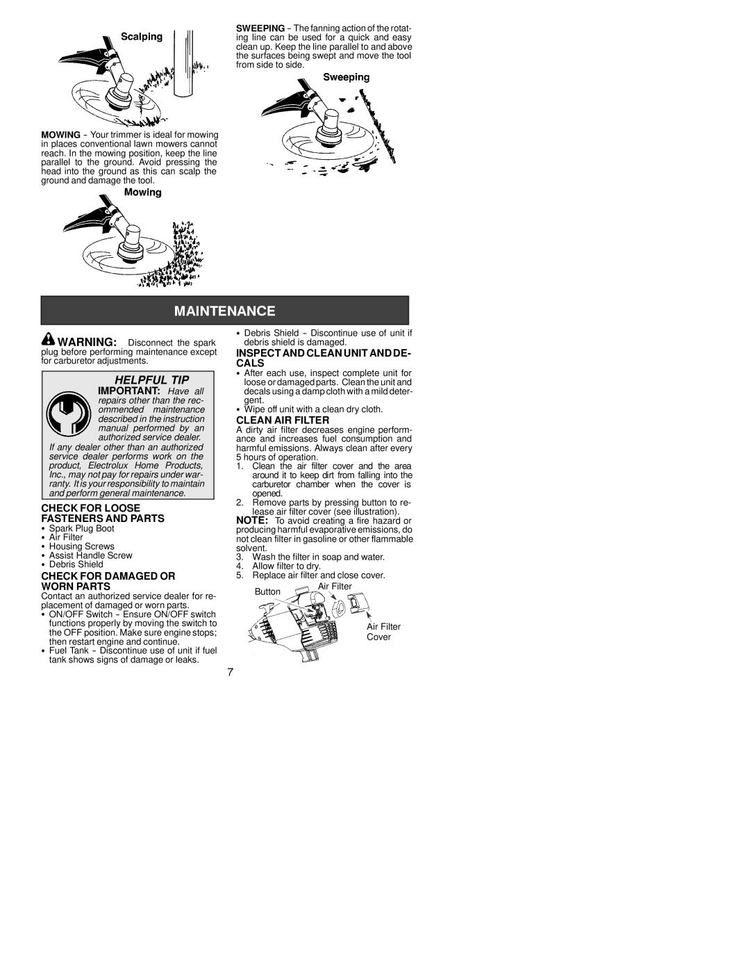 Poulan SM132 Check for Loose Fasteners and Parts, Check for Damaged or Worn Parts, Inspect and Clean Unit and DE- Cals 