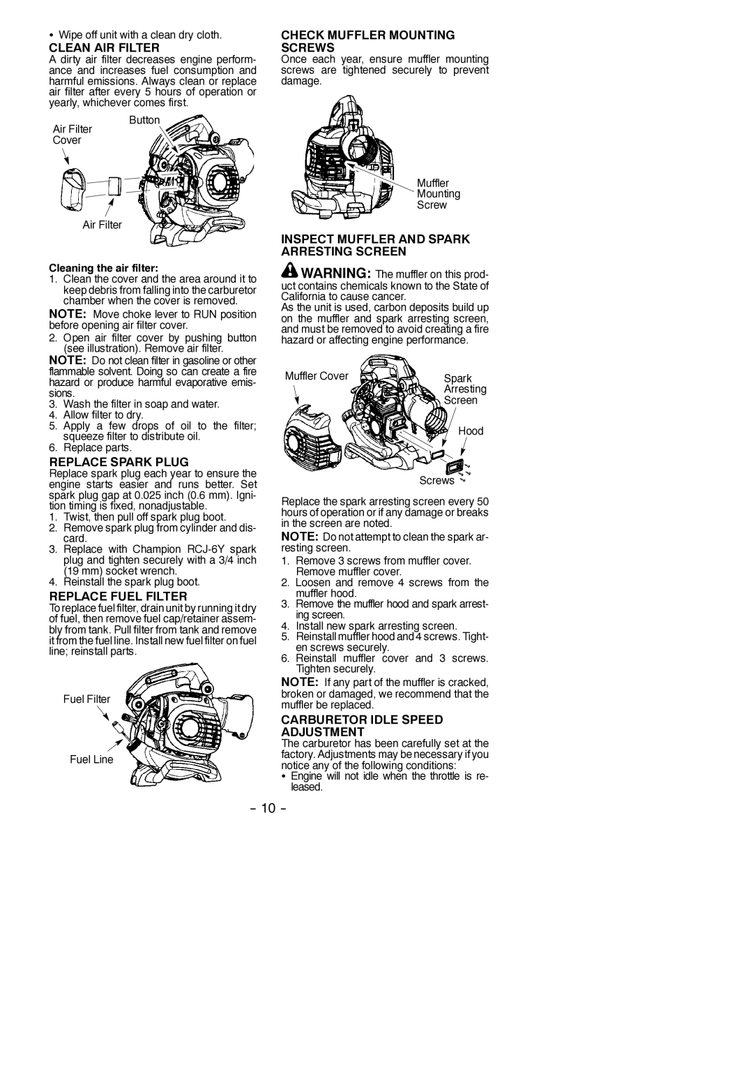 Poulan SM210VS, 545186830 Clean AIR Filter, Check Muffler Mounting Screws, Replace Spark Plug, Replace Fuel Filter 