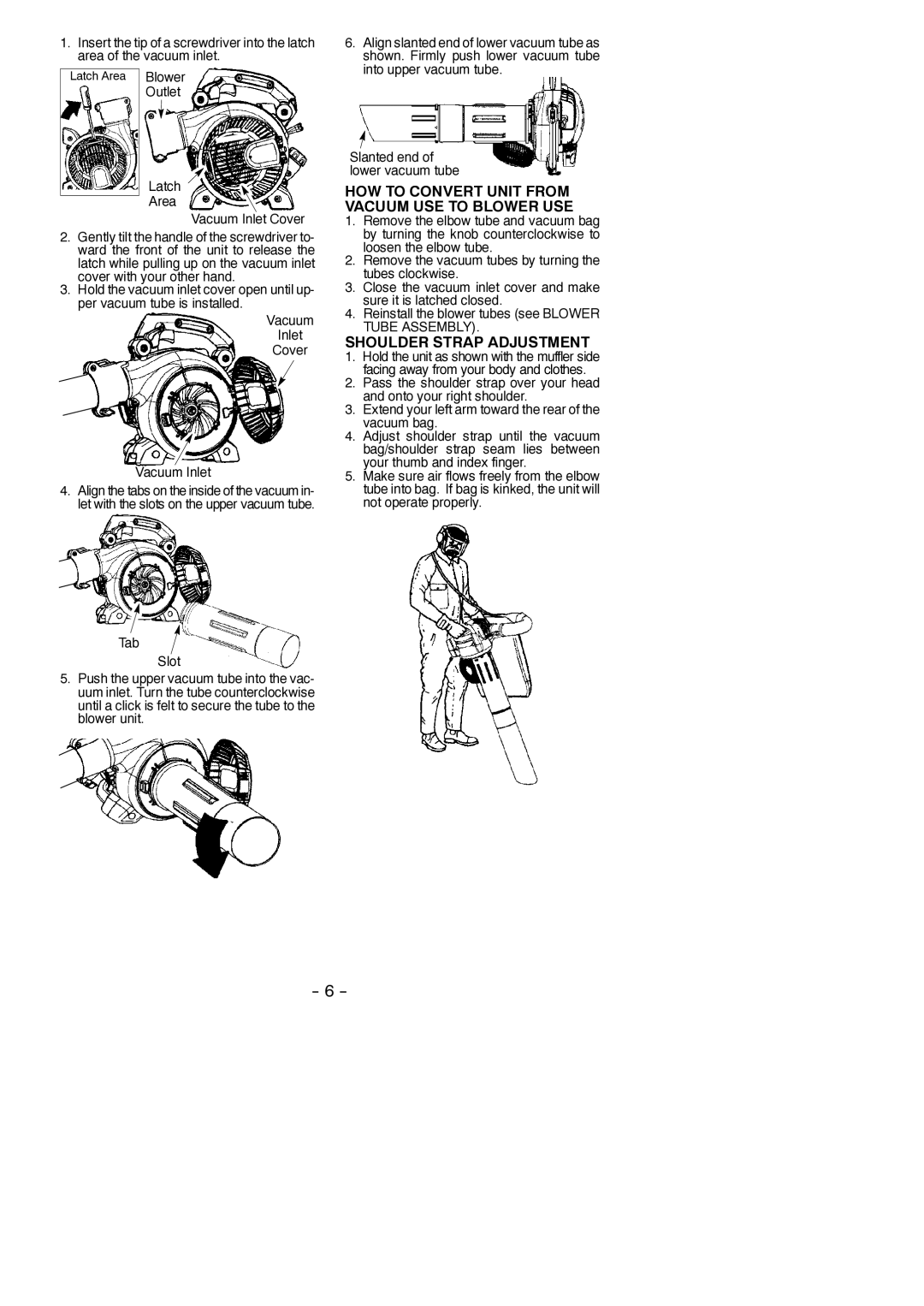 Poulan SM210VS, 545186830 instruction manual HOW to Convert Unit from Vacuum USE to Blower USE, Shoulder Strap Adjustment 