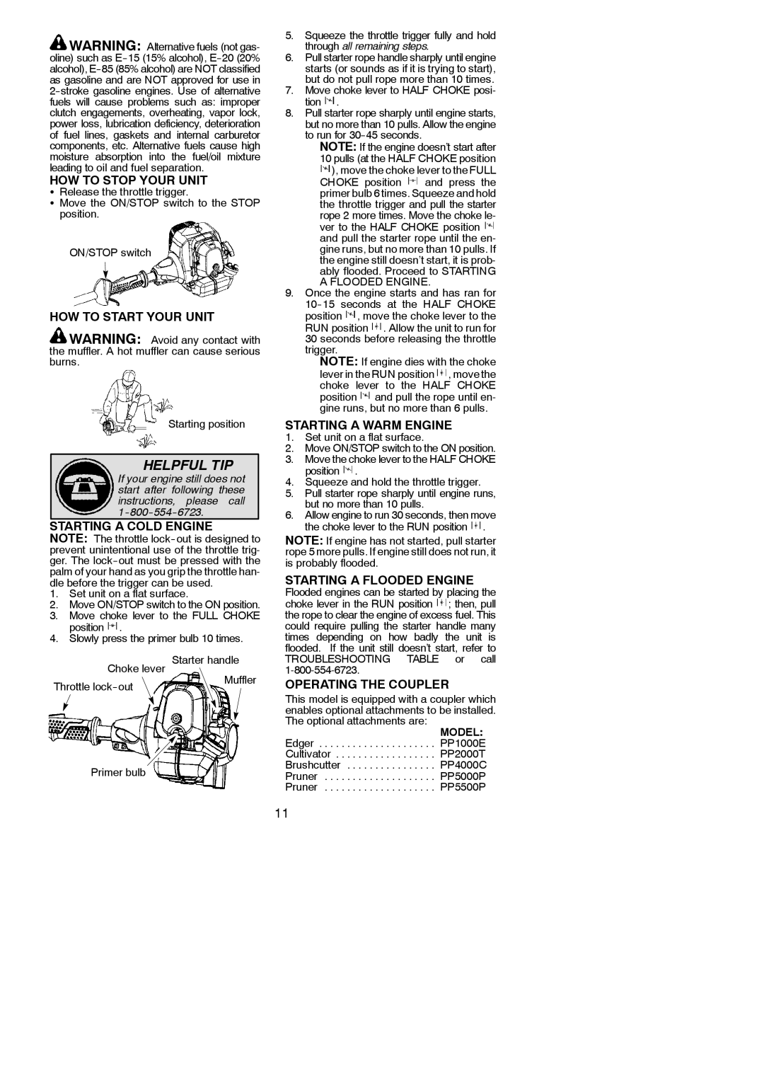 Poulan 115225426, SM30SB HOW to Stop Your Unit, HOW to Start Your Unit, Starting a Cold Engine, Starting a Warm Engine 