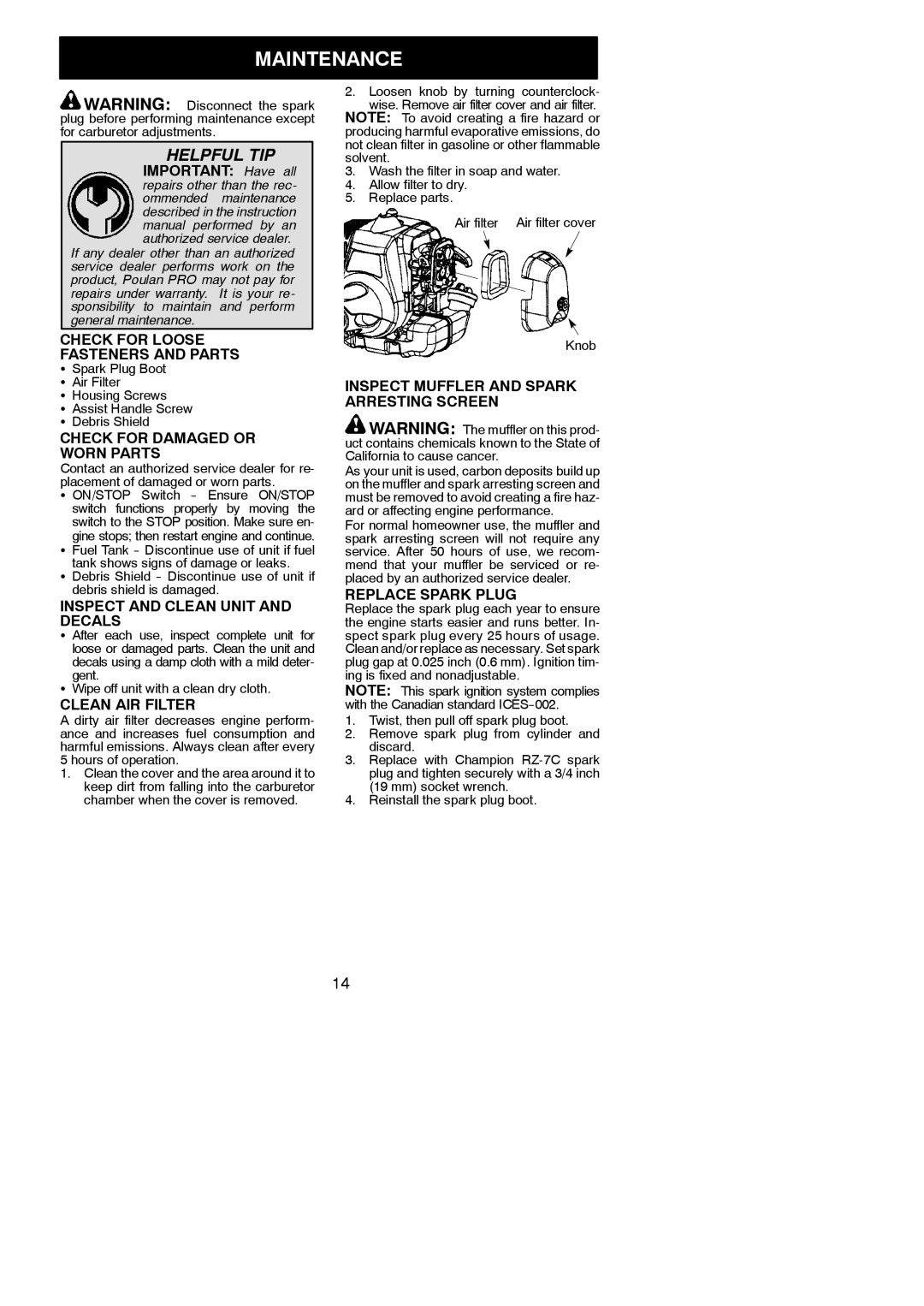 Poulan 115225426, SM30SB, 966479401 instruction manual Maintenance 