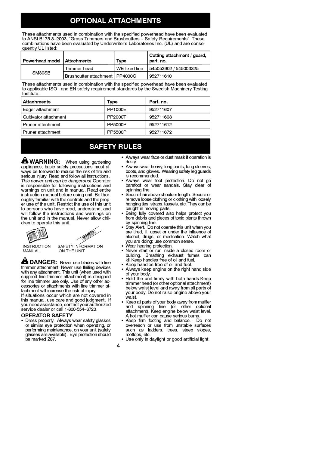 Poulan 966479401, SM30SB, 115225426 instruction manual Optional Attachments, Safety Rules, Operator Safety 