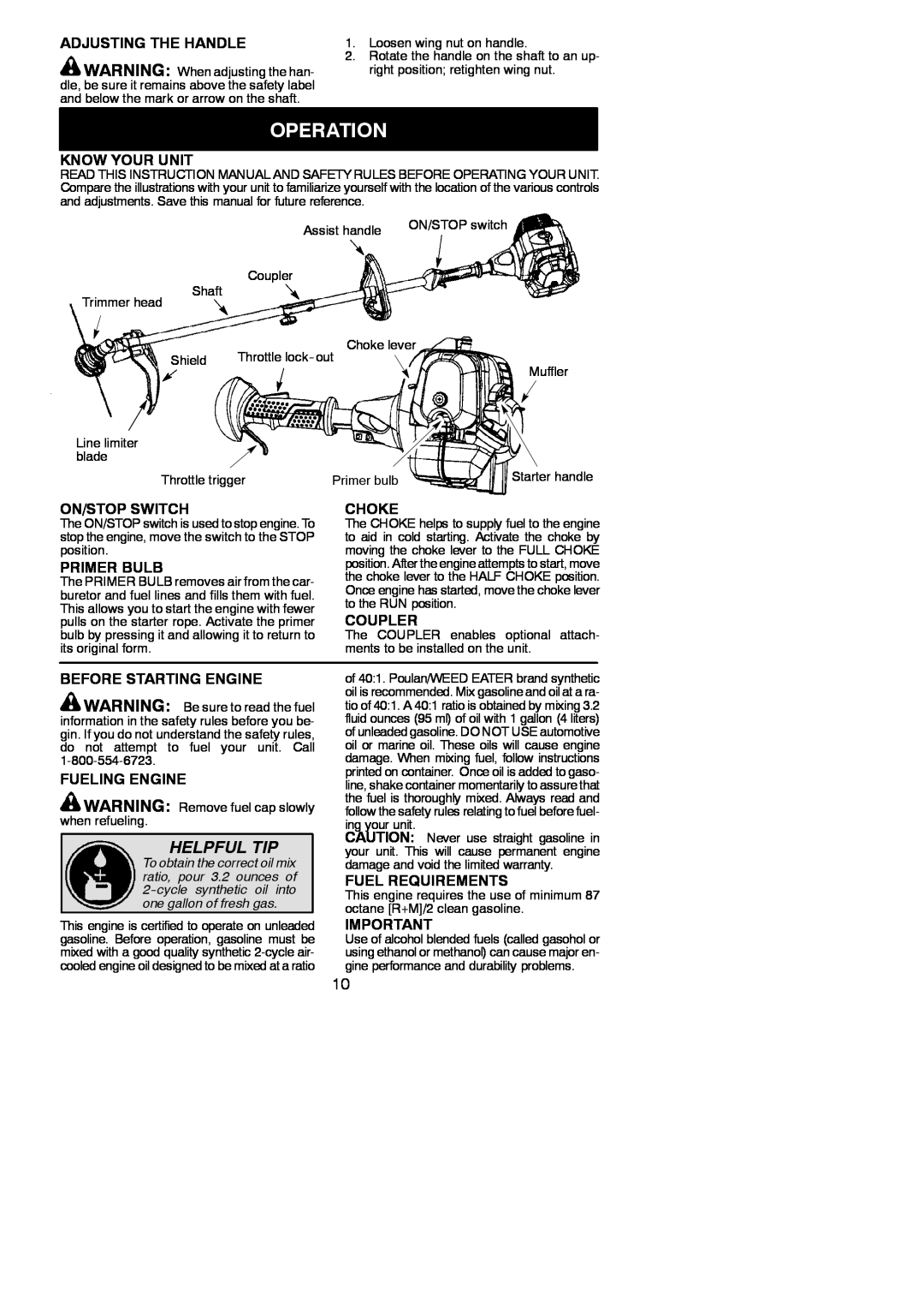 Poulan 966479401 Operation, Helpful Tip, Adjusting The Handle, Know Your Unit, On/Stop Switch, Choke, Primer Bulb, Coupler 