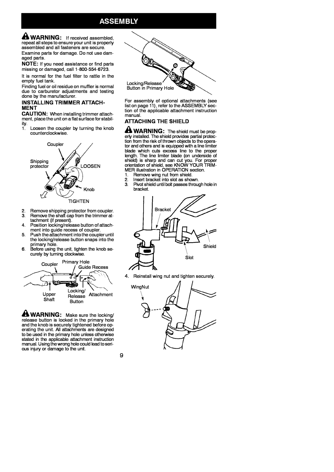 Poulan SM30SB, 966479401, 115225426 instruction manual Assembly, Installing Trimmer Attach- Ment, Attaching The Shield 