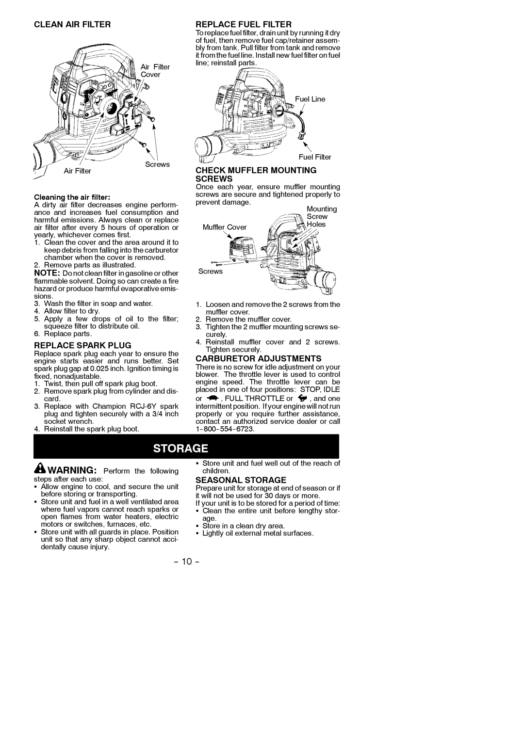 Poulan SM400 instruction manual Storage 