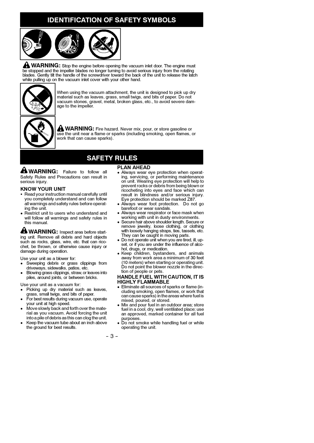 Poulan SM400 instruction manual Safety Rules, Know Your Unit, Plan Ahead, Handle Fuel with CAUTION, IT is Highly Flammable 