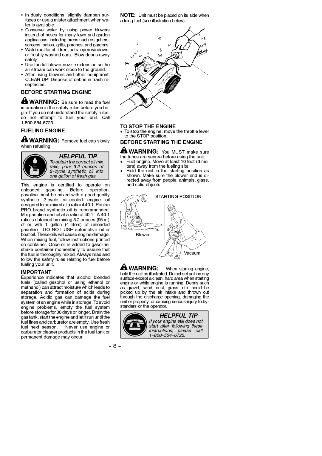 Poulan SM400 Before Starting Engine Fueling Engine, To Stop the Engine, Before Starting the Engine, Blower Vacuum 