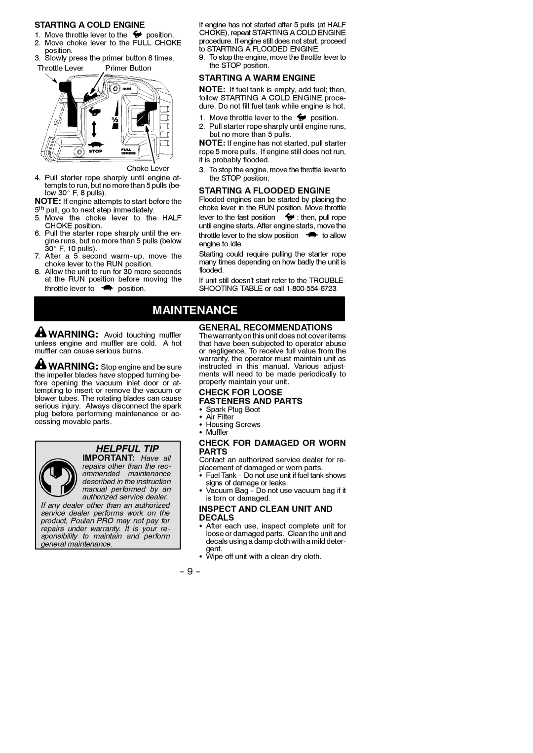 Poulan SM400 instruction manual Maintenance 