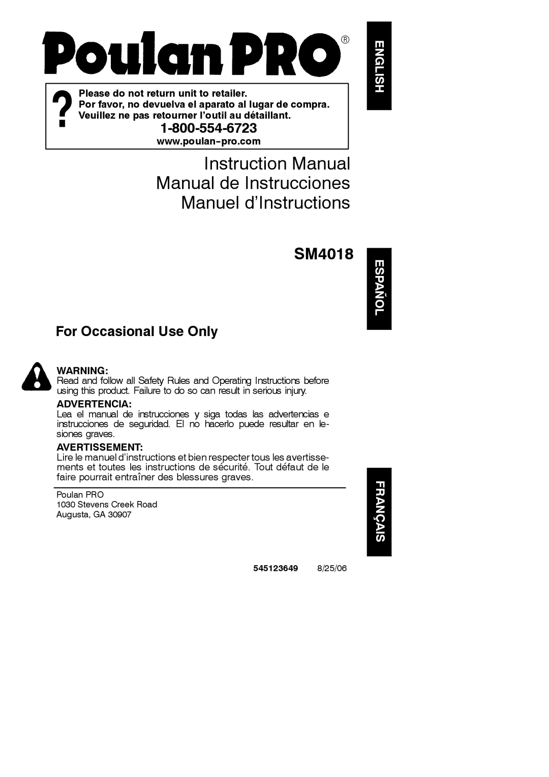 Poulan SM4018 instruction manual Manual de Instrucciones Manuel d’Instructions, 545123649 8/25/06 