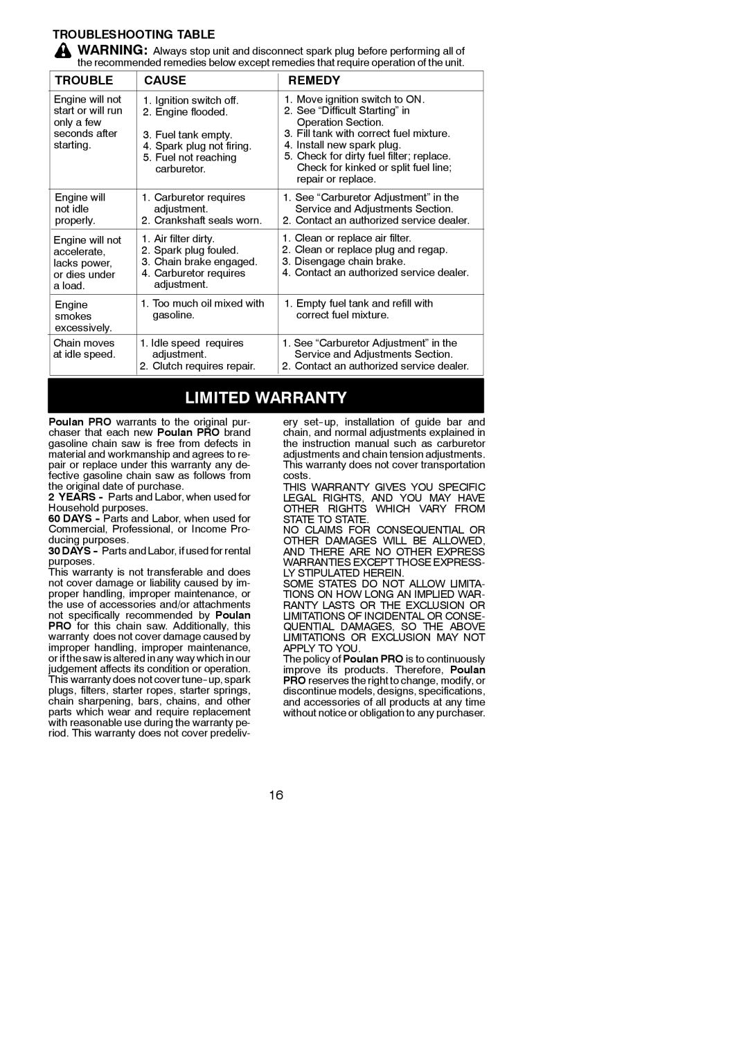 Poulan SM4018, 545123649 instruction manual Limited Warranty, Load Adjustment Engine, Empty fuel tank and refill with 