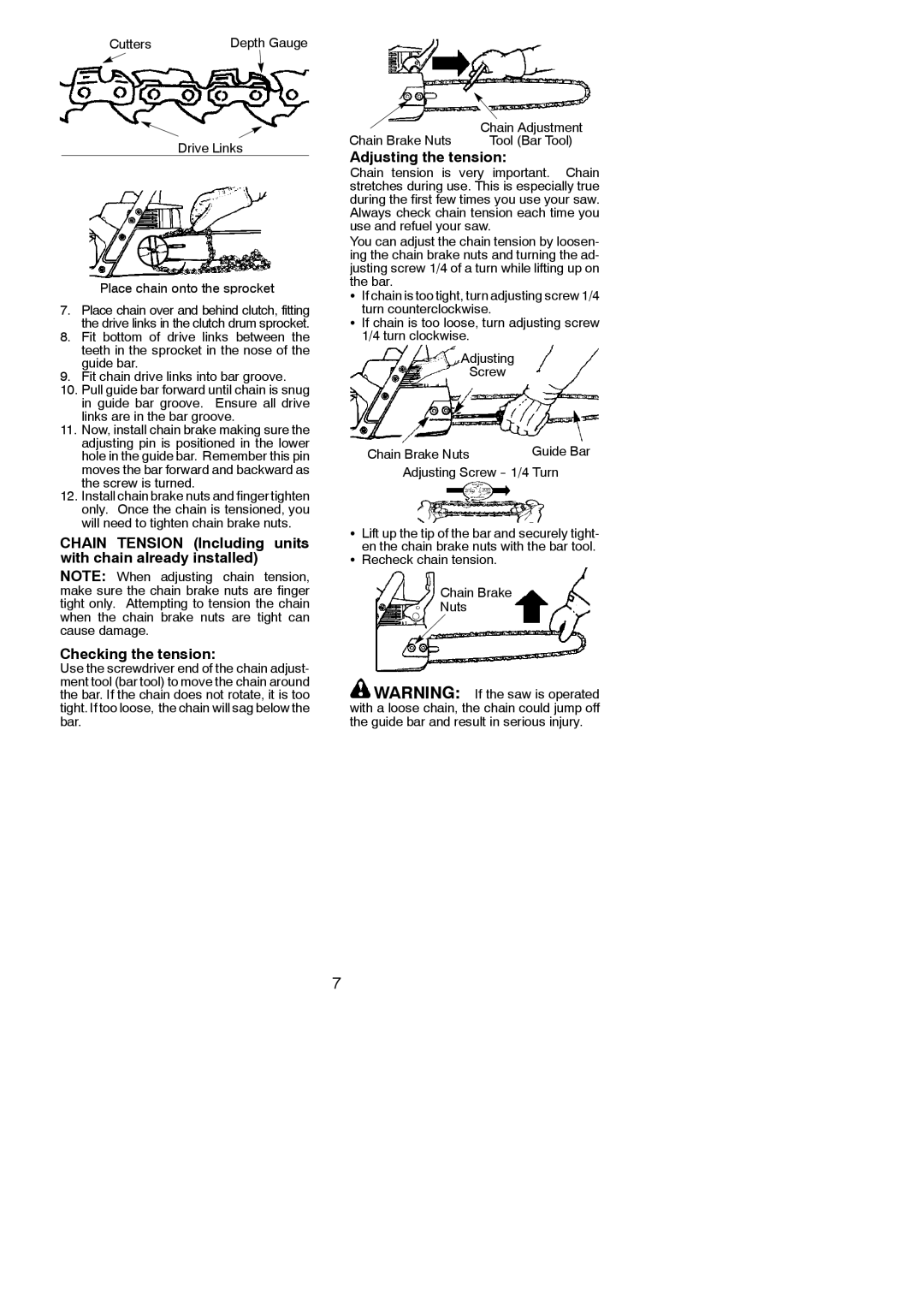 Poulan 545123649, SM4018 instruction manual Adjusting the tension, Cutters, Drive Links Place chain onto the sprocket 