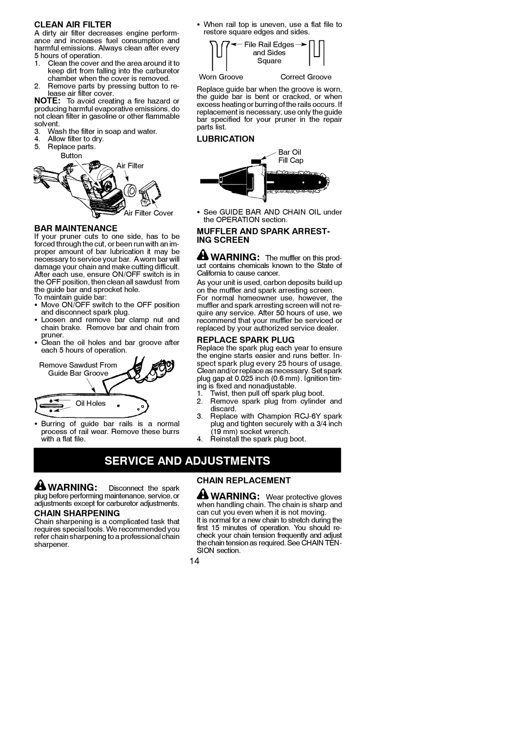 Poulan SM446E instruction manual Service and Adjustments 