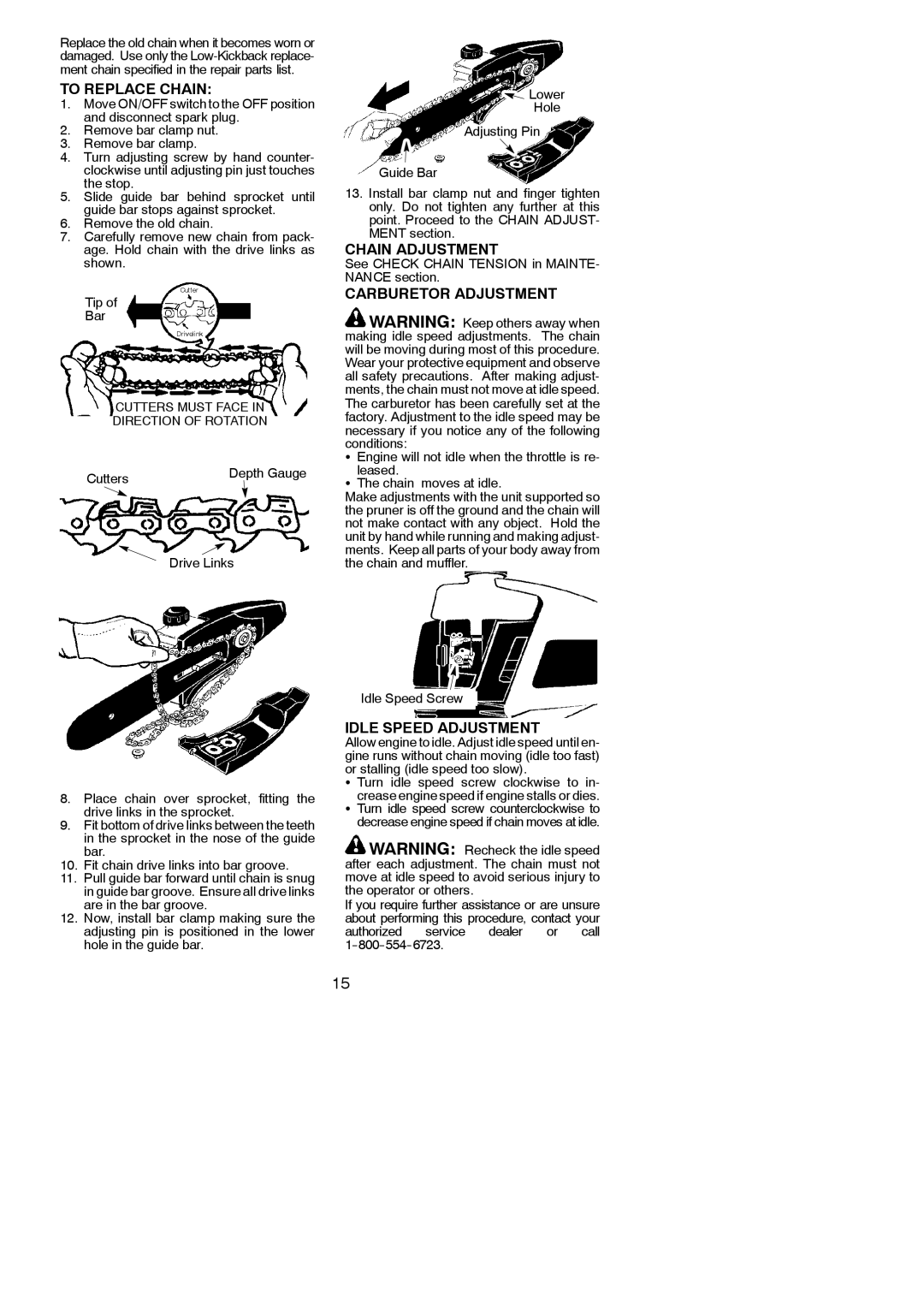 Poulan SM446E instruction manual To Replace Chain, Chain Adjustment, Carburetor Adjustment, Idle Speed Adjustment 