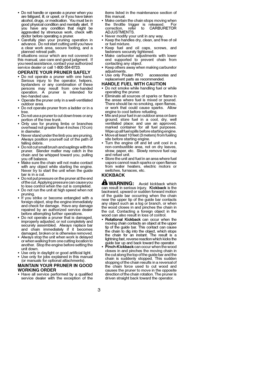 Poulan SM446E Operate Your Pruner Safely, Maintain Your Pruner in Good Working Order, Handle Fuel with Caution, Kickback 