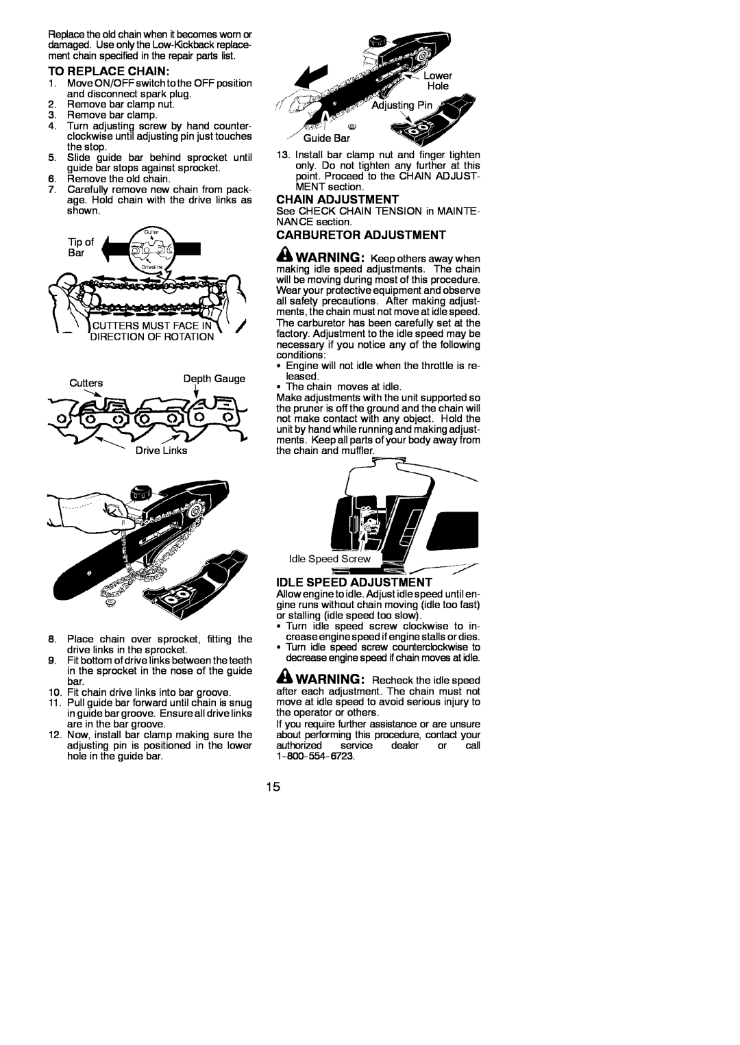 Poulan SM446E instruction manual To Replace Chain, Chain Adjustment, Carburetor Adjustment, Idle Speed Adjustment 