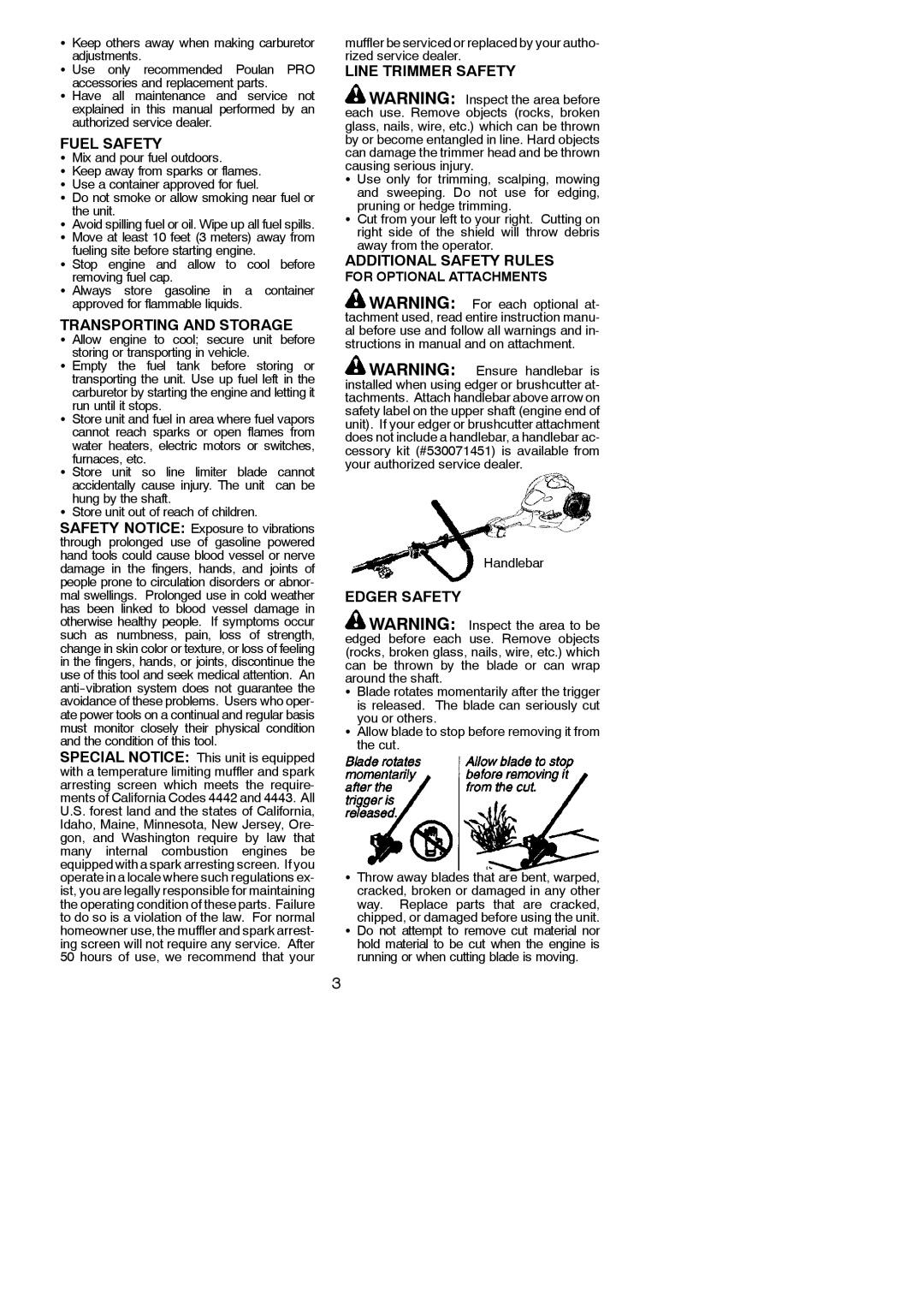 Poulan 545154698, SM705 Fuel Safety, Transporting and Storage, Line Trimmer Safety, Additional Safety Rules, Edger Safety 