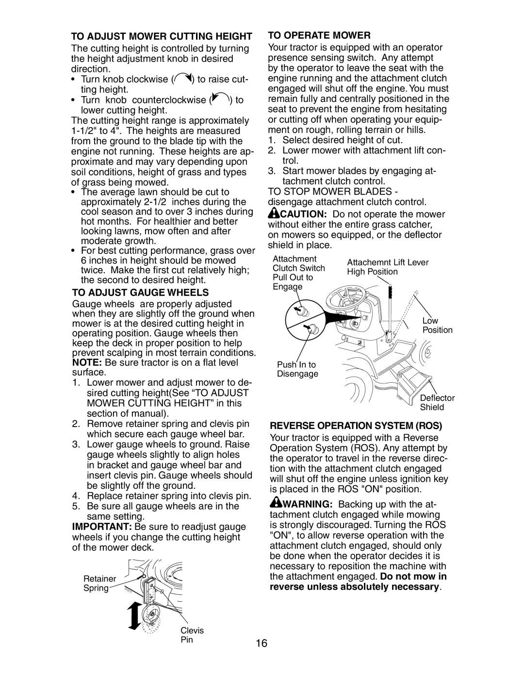 Poulan SP24H48YT To Adjust Mower Cutting Height, To Adjust Gauge Wheels, To Operate Mower, Reverse Operation System ROS 