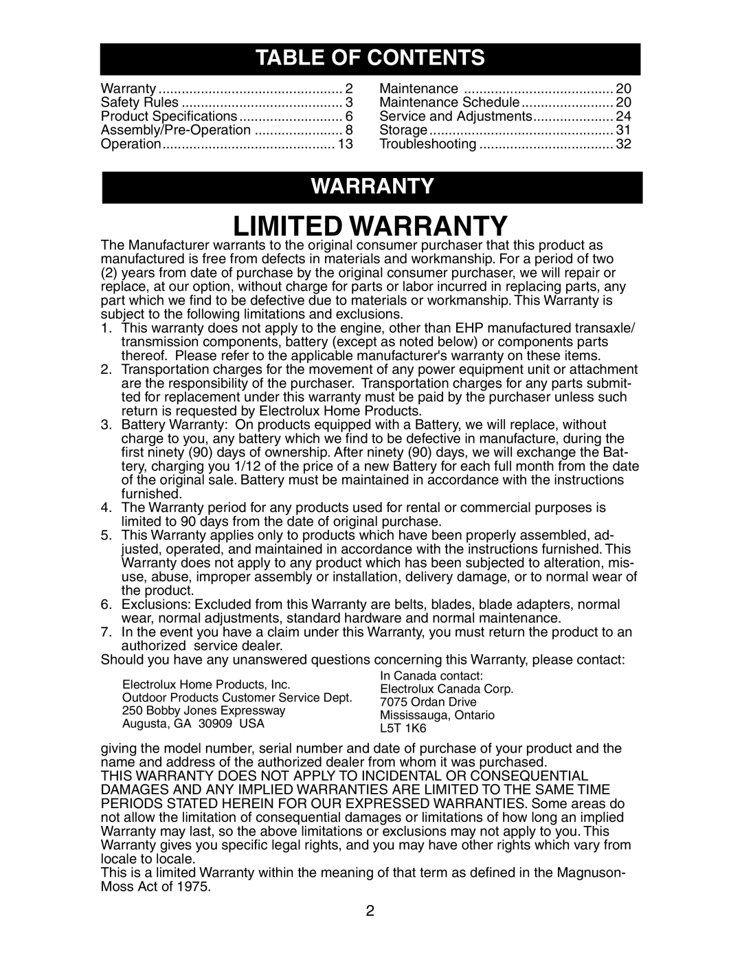 Poulan SP24H48YT manual Table of Contents, Warranty 