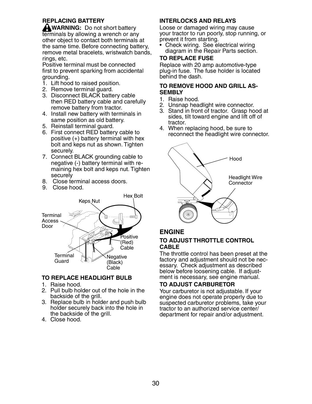 Poulan SP24H48YT manual Replacing Battery, To Replace Headlight Bulb, Interlocks and Relays, To Replace Fuse 