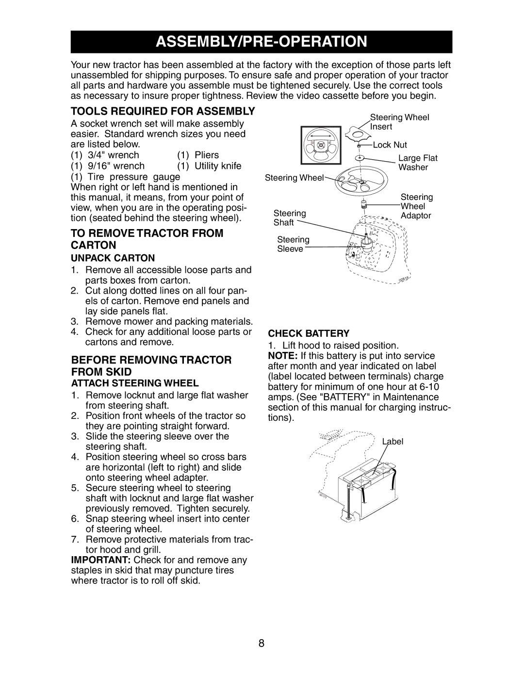 Poulan SP24H48YT manual Assembly/Pre-Operation, Tools Required for Assembly, To Remove Tractor from Carton 