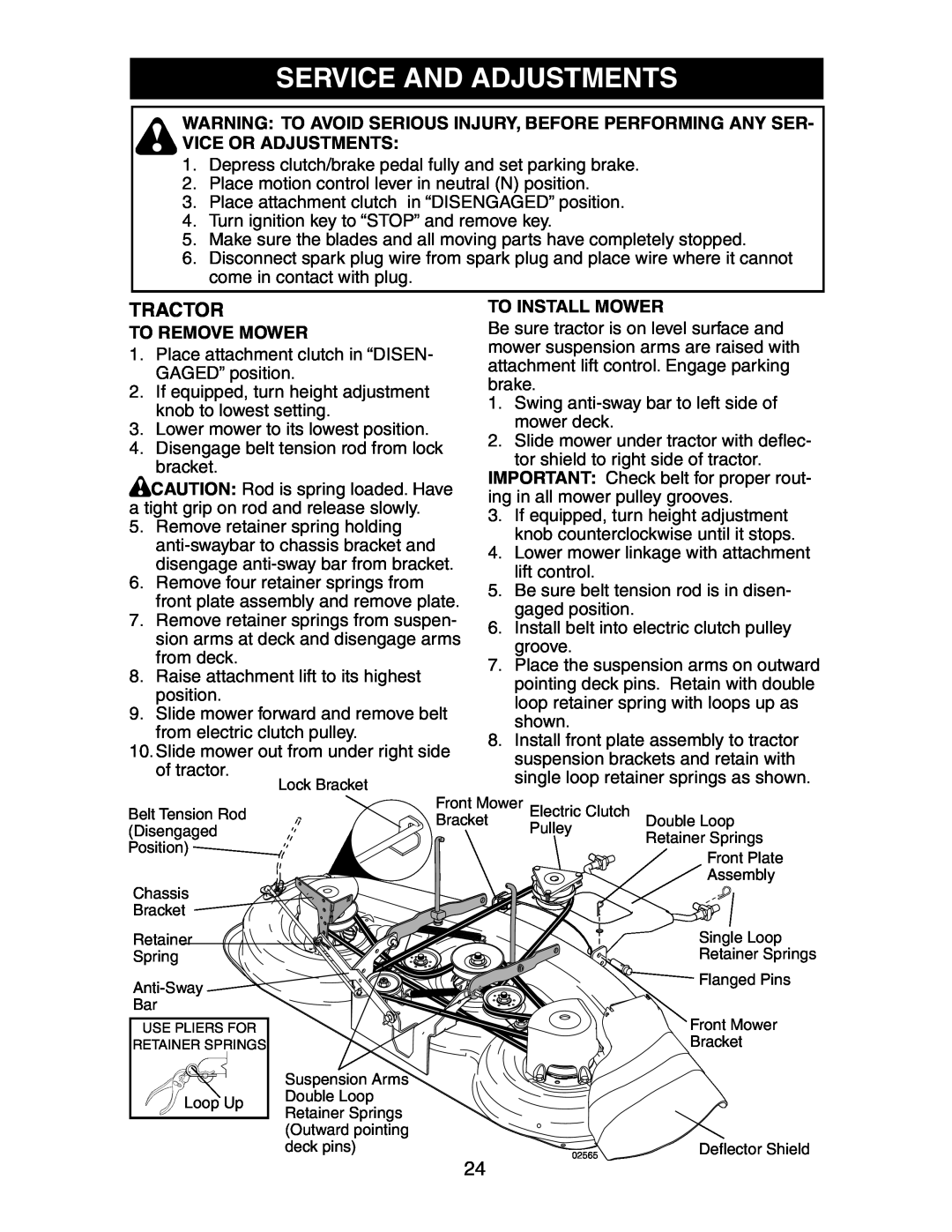 Poulan SP24H48YT manual Service And Adjustments, To Remove Mower, To Install Mower 