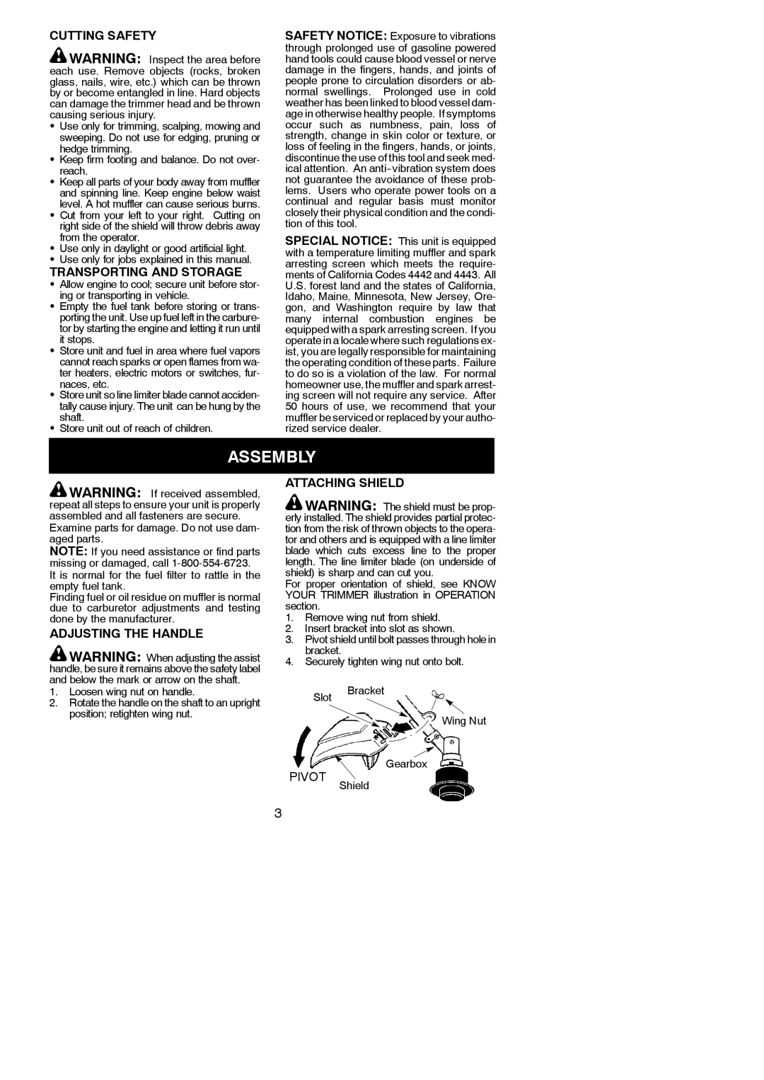 Poulan SST25 instruction manual Assembly, Cutting Safety, Transporting and Storage, Adjusting the Handle, Attaching Shield 