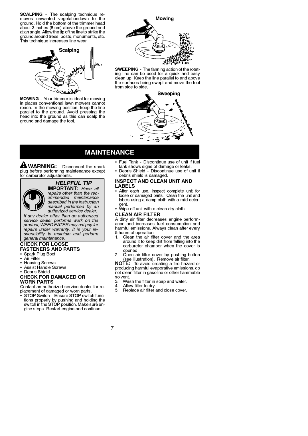 Poulan SST25 Maintenance, Check for Loose Fasteners and Parts, Check for Damaged or Worn Parts, Clean AIR Filter 