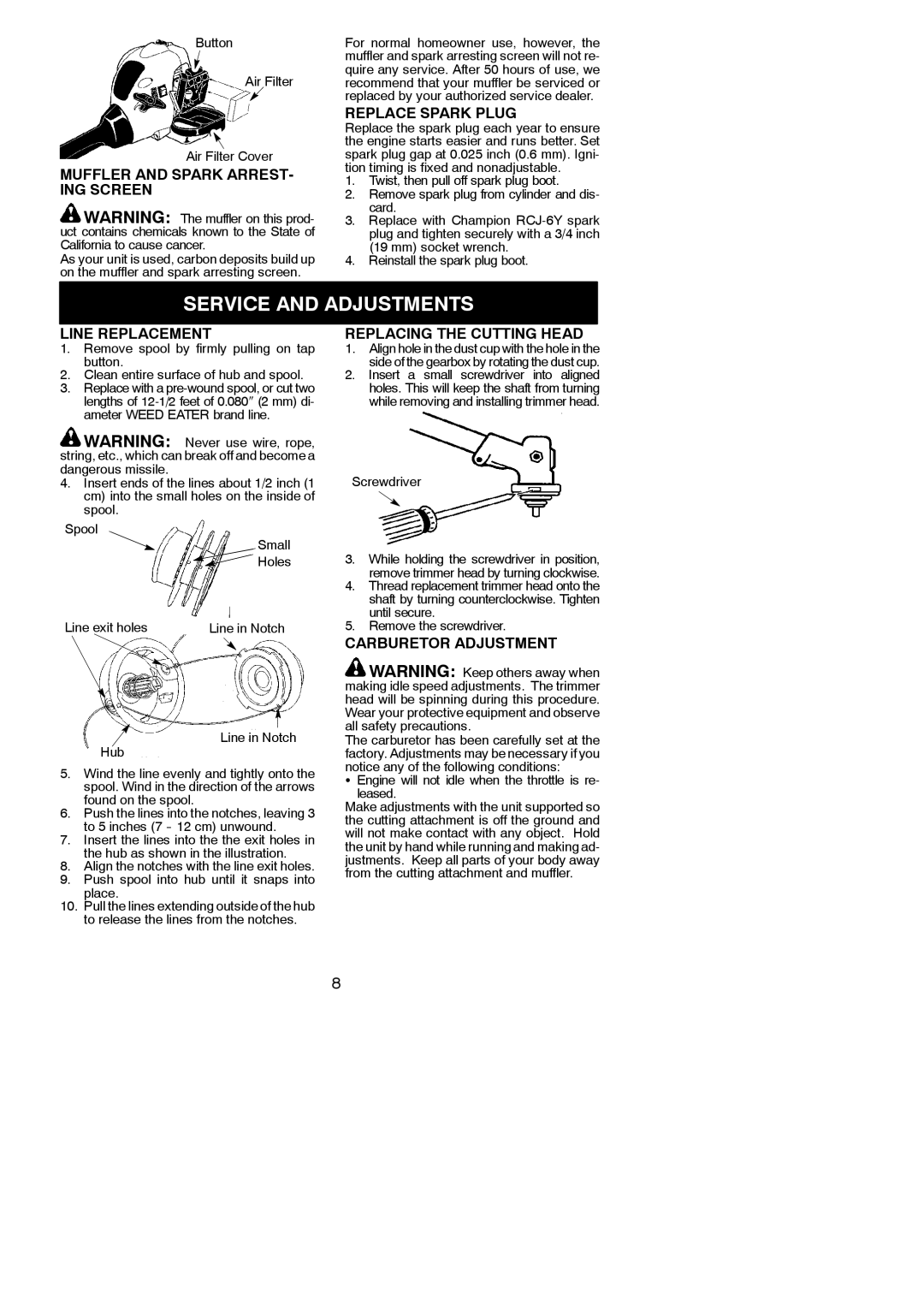 Poulan SST25 instruction manual Service and Adjustments 