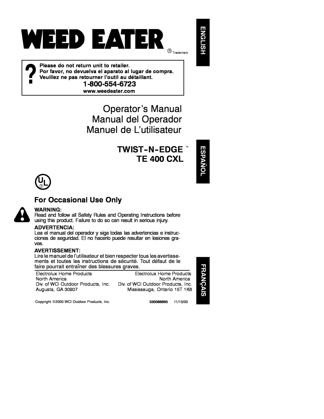 Poulan TE 400 CXL operating instructions Operator’s Manual Manual del Operador Manuel de L’utilisateur, Advertencia 