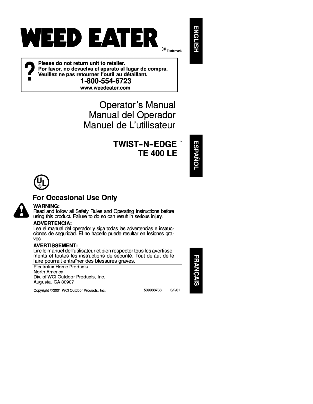 Poulan TE 400 LE operating instructions Operator’s Manual Manual del Operador Manuel de L’utilisateur, Advertencia 