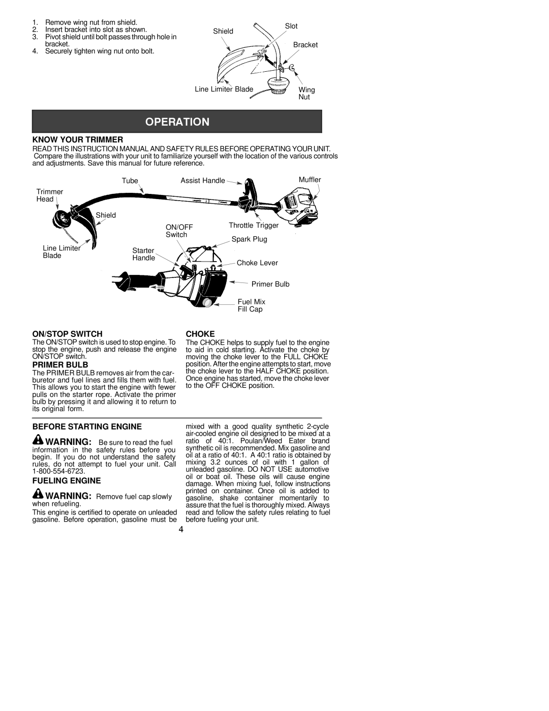 Poulan TE400CXL Know Your Trimmer, ON/STOP Switch Choke, Primer Bulb, Before Starting Engine, Fueling Engine 