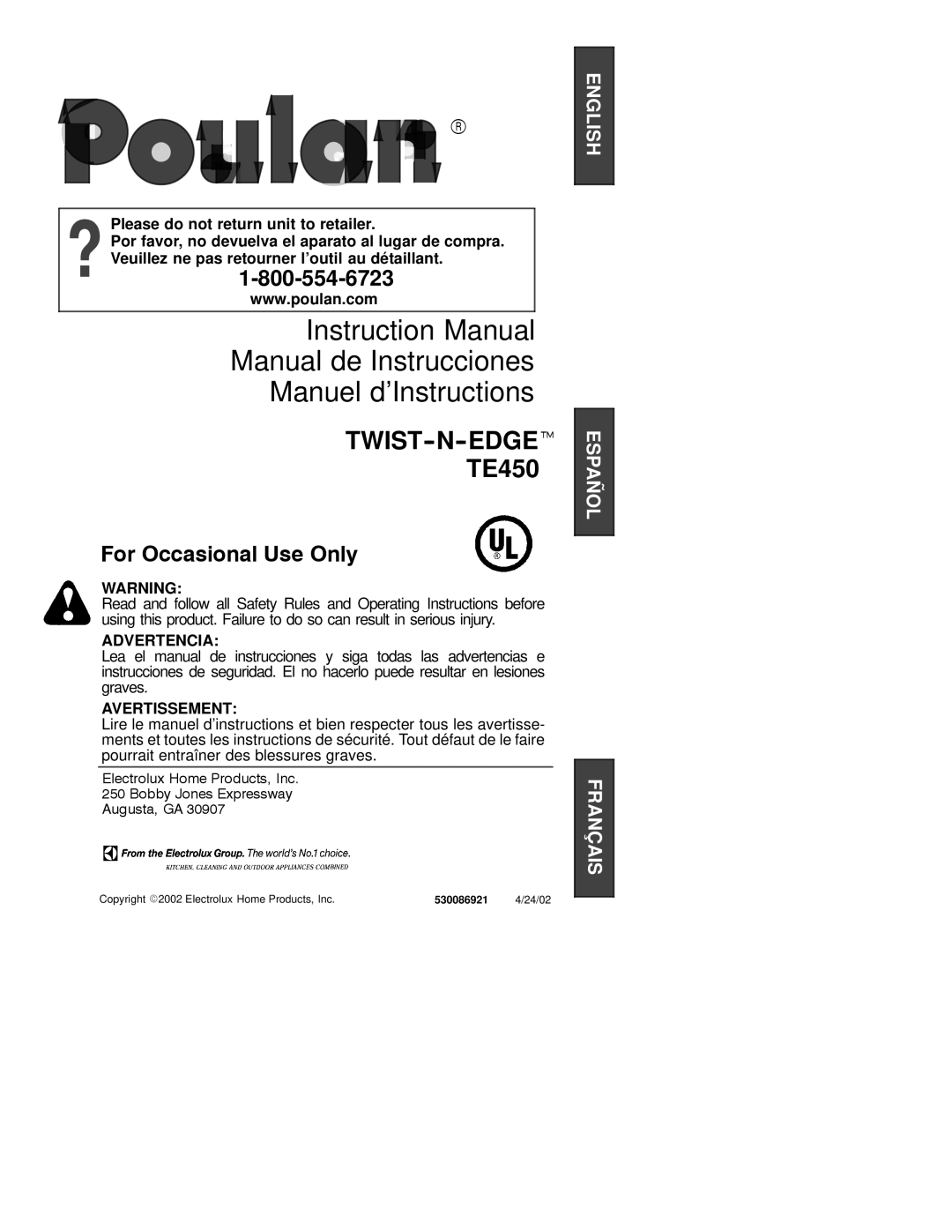 Poulan TE450 instruction manual Manual de Instrucciones Manuel d’Instructions 