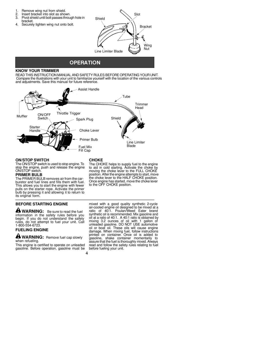 Poulan TE450 Know Your Trimmer, ON/STOP Switch Choke, Primer Bulb, Before Starting Engine, Fueling Engine 