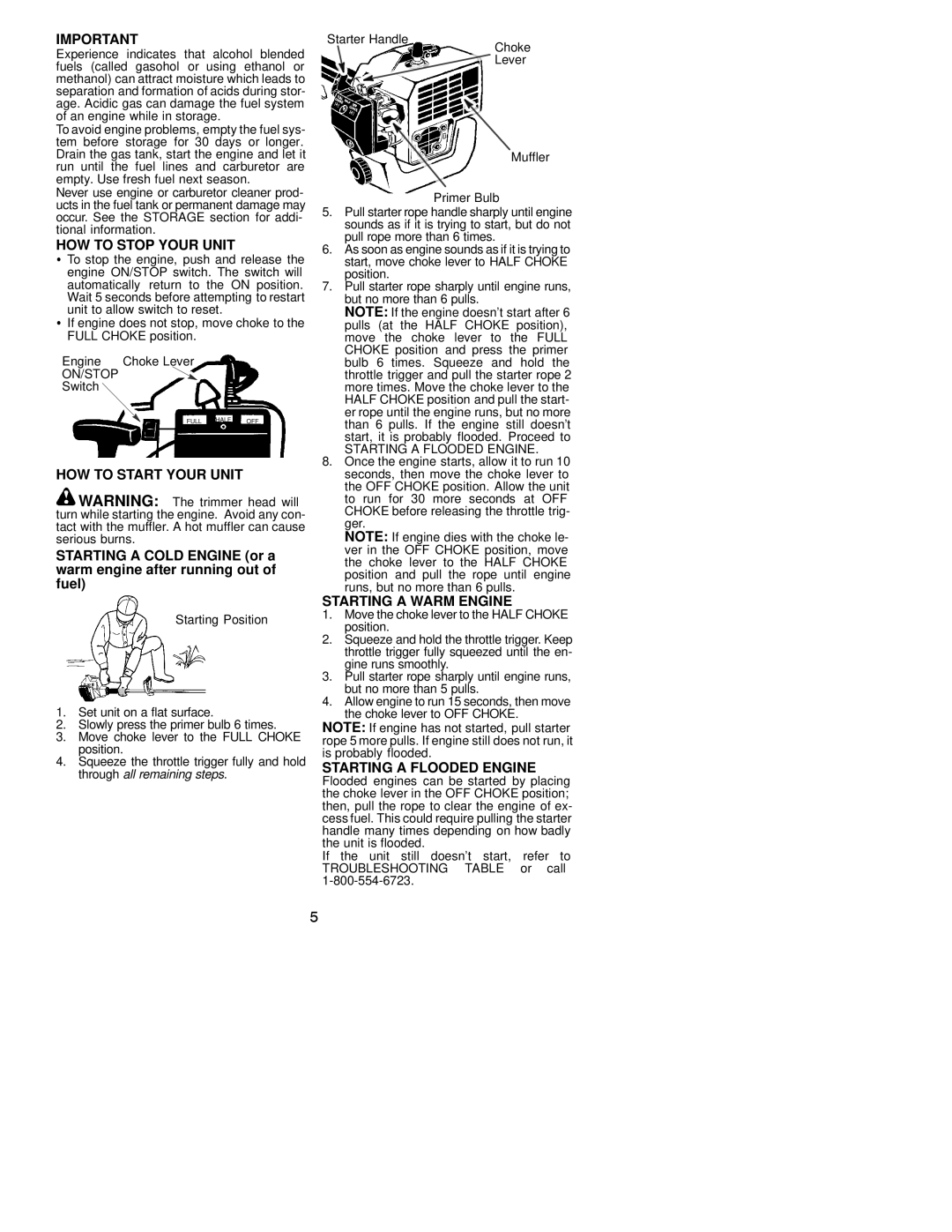 Poulan TE450 HOW to Stop Your Unit, HOW to Start Your Unit, Starting a Warm Engine, Starting a Flooded Engine 