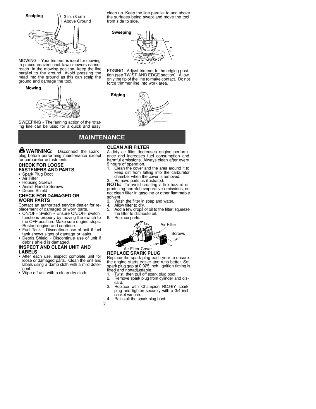 Poulan TE450CXL Check for Loose Fasteners and Parts, Check for Damaged or Worn Parts, Inspect and Clean Unit and Labels 